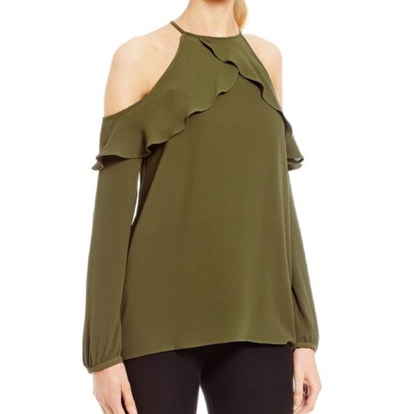 Michael Kors | Halter Neck Ruffle Long Sleeve Top | Olive Green | Large - Picture 1 of 5